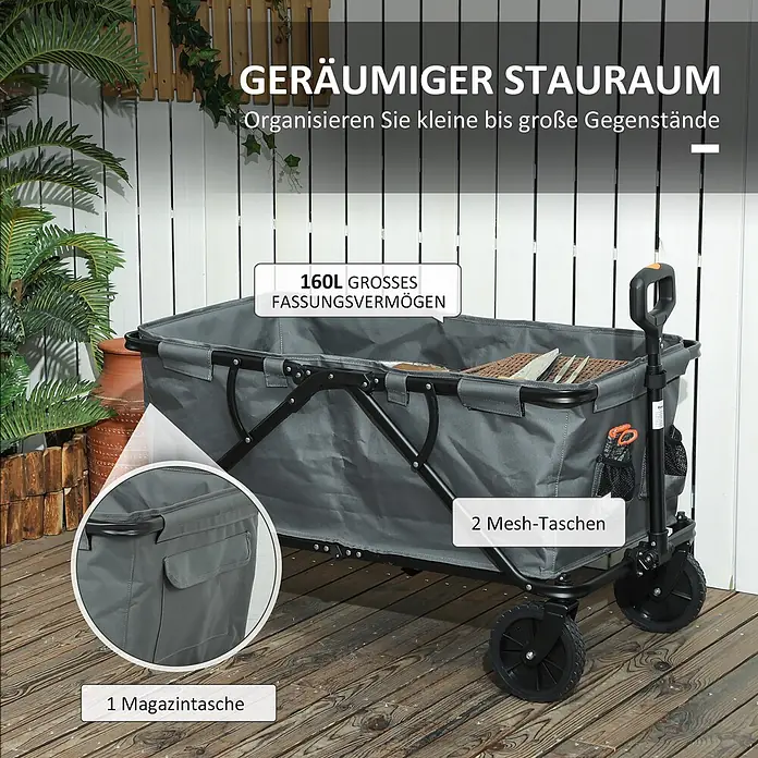 Outsunny Bollerwagen - L x B x H: 100 x 55 x 56 cm - Grauer faltbarer Bollerwagen mit 160L Fassungsvermögen, 2 Netztaschen und 1 Magazintasche, in einer Außenumgebung dargestellt.