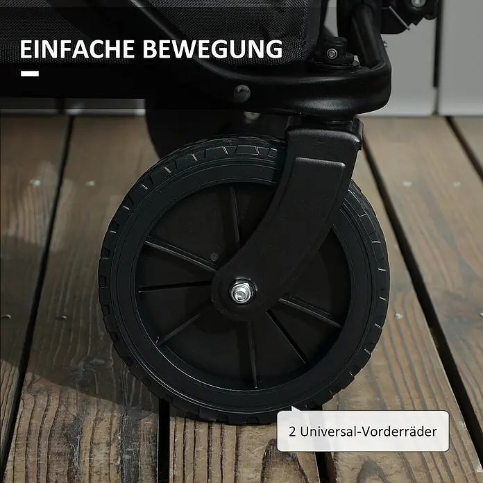Outsunny Bollerwagen - L x B x H: 100 x 55 x 56 cm - Nahaufnahme eines schwarzen Universal-Vorderrads eines Wagens auf Holzbohlen, die die leichte Bewegung hervorhebt.