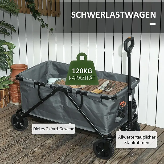 Outsunny Bollerwagen - L x B x H: 100 x 55 x 56 cm - Grauer Schwerlast-Bollerwagen aus dickem Oxford-Gewebe, allwettertauglicher Stahlrahmen, 120kg Kapazität, auf Holzterrasse.