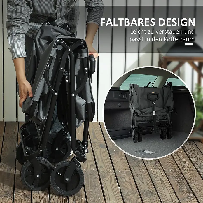Outsunny Bollerwagen - L x B x H: 100 x 55 x 56 cm - Dunkelgrauer zusammenklappbarer Bollerwagen, der von einer Person zusammengefaltet und kompakt im Kofferraum verstaut wird.