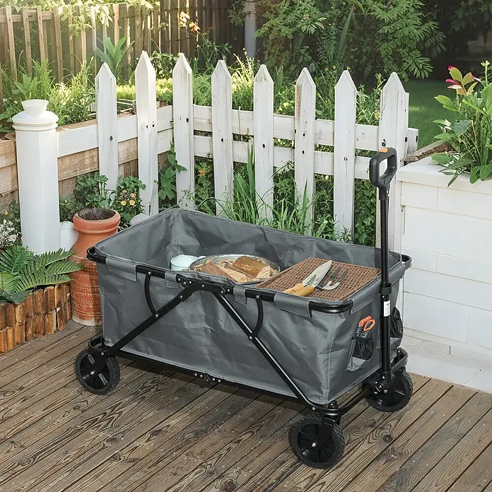 Outsunny Bollerwagen - L x B x H: 100 x 55 x 56 cm - Grauer Faltwagen mit Gartengeräten auf einer Holzterrasse im Garten.