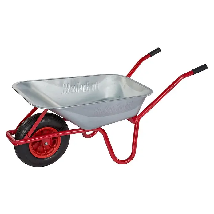 Pro-Bau-Tec Bollerwagen Garten- und schubkarre 85L Tragkraft 160kg - L x B x H: 1,4 cm x 0,59 cm x 0,59 m - Eine rote Stahl-Schubkarre mit silberner verzinkter Mulde und schwarzen Griffen.