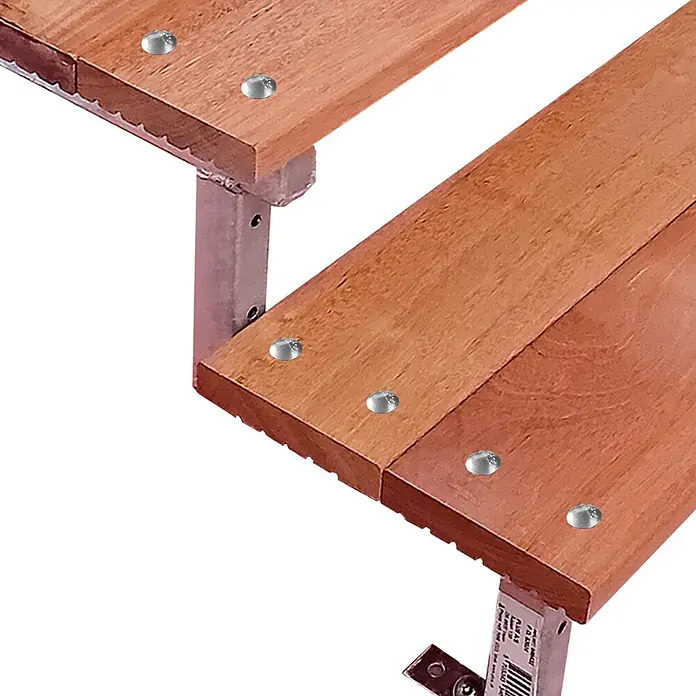 Vinuovo Außentreppe BALI Gartentreppe Stahl H71cm - 4 Bankirai Hartholz Stufen B60cm - Anzahl Steigungen: 4 Stk., Gerade - Zwei rötlich-braune Holzstufen mit silbernen Befestigungen, getragen von Metallrahmen.