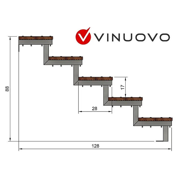 Vinuovo Außentreppe BALI Gartentreppe Stahl H88cm - 5 Bankirai Hartholz Stufen B100cm - Anzahl Steigungen: 5 Stk., Gerade - Graue Metalltreppe mit braunen Holzstufen, zeigt Gesamtmaße (88x128) und Stufenmaße (17x28).