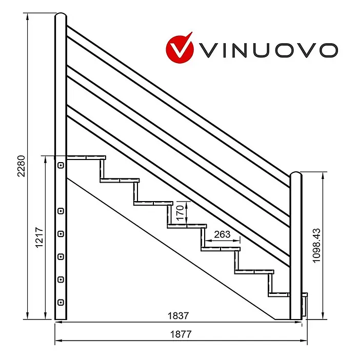Vinuovo Außentreppe Venezia mit Geländer beidseitig, 7 Stufen, H122cm B120cm, mit Setzstufen - Anzahl Steigungen: 7 Stk., Gerade - Technische Zeichnung eines Treppengeländersystems mit detaillierten Maßen für Montage und Konstruktion.