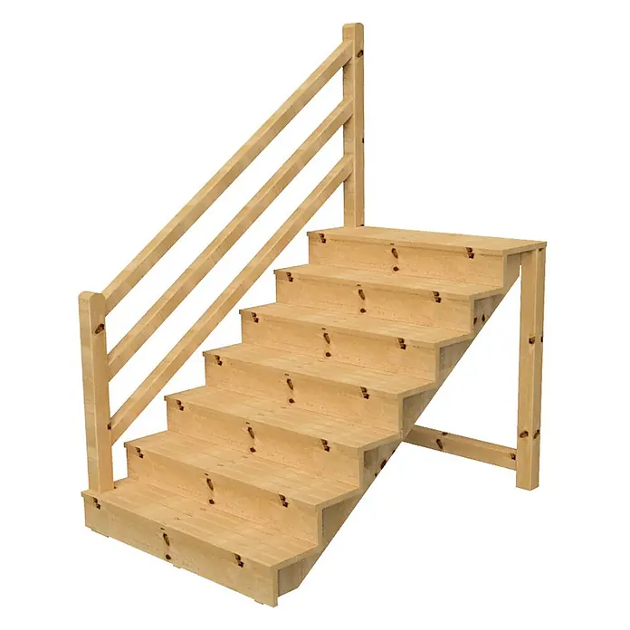 Vinuovo Außentreppe - 120 cm, Anzahl Steigungen: 7 Stk., Gerade - Helle Holztreppe aus Kiefernholz mit einfachem dreistegigem Geländer.