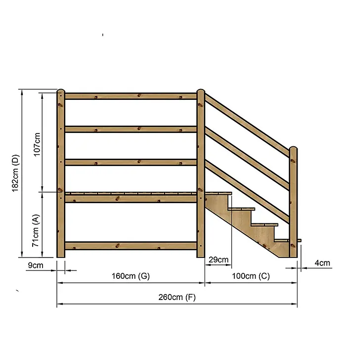 Vinuovo Außentreppe - 120 cm, Anzahl Steigungen: 4 Stk., Gerade - Holzbettrahmen mit integrierter Treppe und Geländer, Maße detailliert.