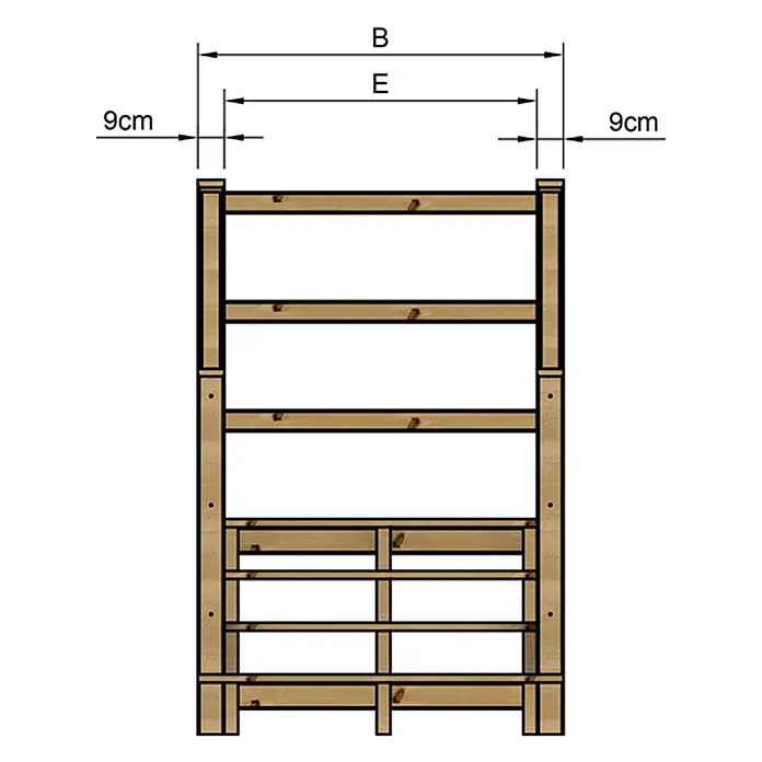 Vinuovo Außentreppe - 120 cm, Anzahl Steigungen: 4 Stk., Gerade - Hölzernes Regal, Vorderansicht, mit Bemaßung 'B', 'E' und seitlichen Abständen von 9cm.