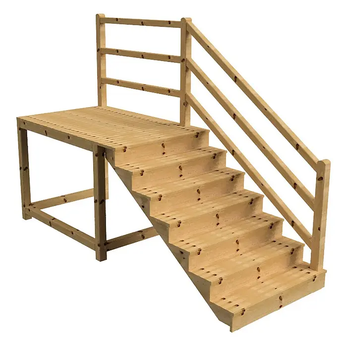 Vinuovo Außentreppe - 120 cm, Anzahl Steigungen: 7 Stk., Gerade - Helles Holzpodest mit Treppe und Sicherheitsgeländer.