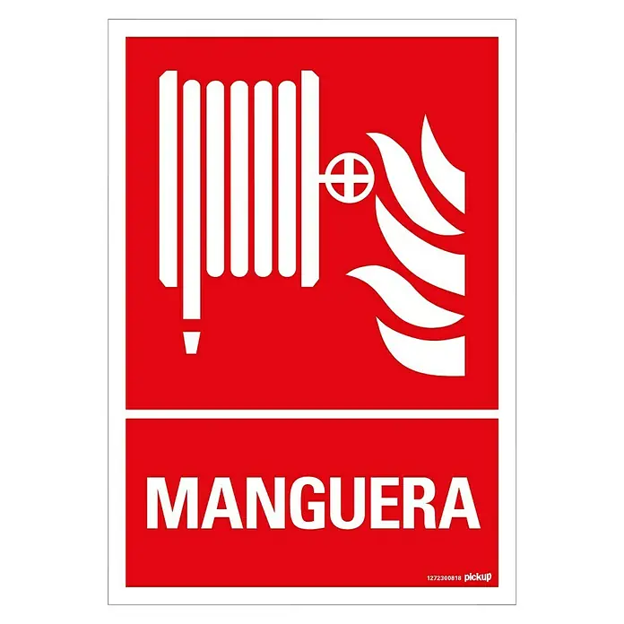 Pickup Señal de precaución - Motivo: Manguera antiincendios, L x An: 33 x 23 cm - Señal de seguridad contra incendios: Letrero rojo con símbolo blanco de carrete de manguera contra incendios y la palabra "Manguera".