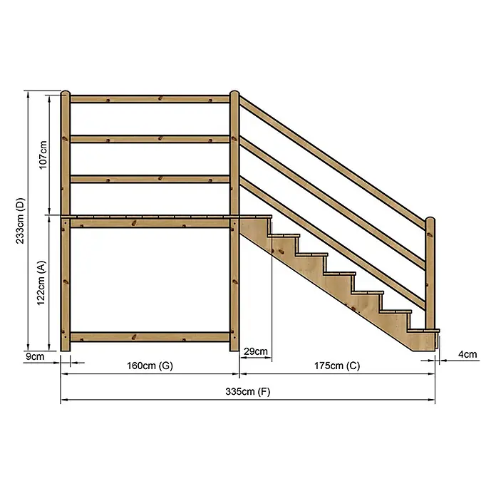 Vinuovo Außentreppe - 120 cm, Anzahl Steigungen: 7 Stk., Gerade - Hellbraunes Holz-Etagenbettgestell mit integrierter Treppe und Maßen.
