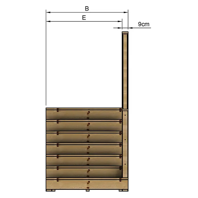 Vinuovo Außentreppe - 120 cm, Anzahl Steigungen: 7 Stk., Gerade - Seitenansicht einer hölzernen Pflanzbox mit integriertem hohem, schmalem Rankgitter. Die Box hat horizontale Holzlatten.
