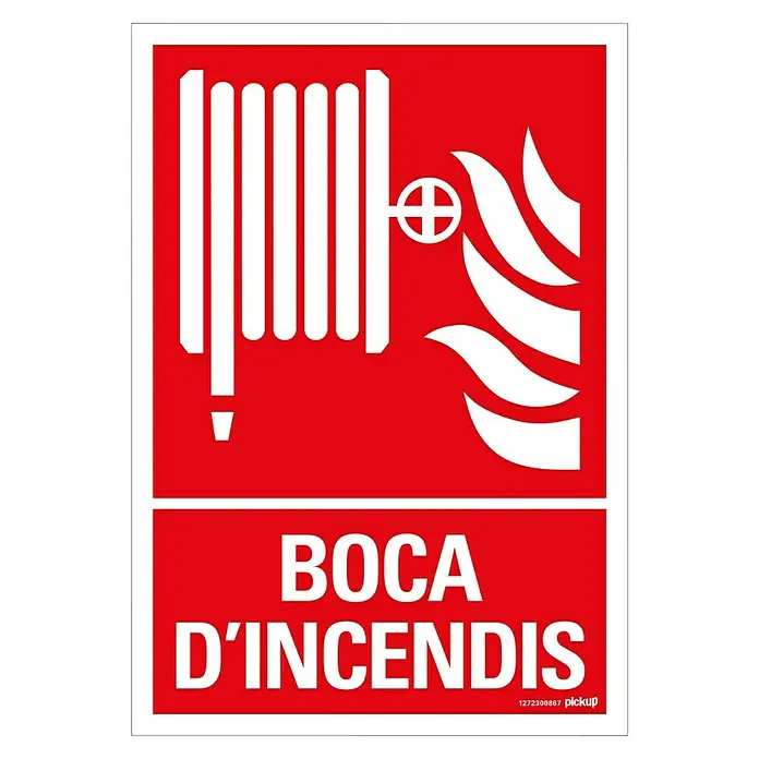 Pickup Señal de precaución - Motivo: Boca de incendios, L x An: 33 x 23 cm - Señal de seguridad contra incendios "Boca d'Incendis" con manguera y llamas, rojo y blanco.