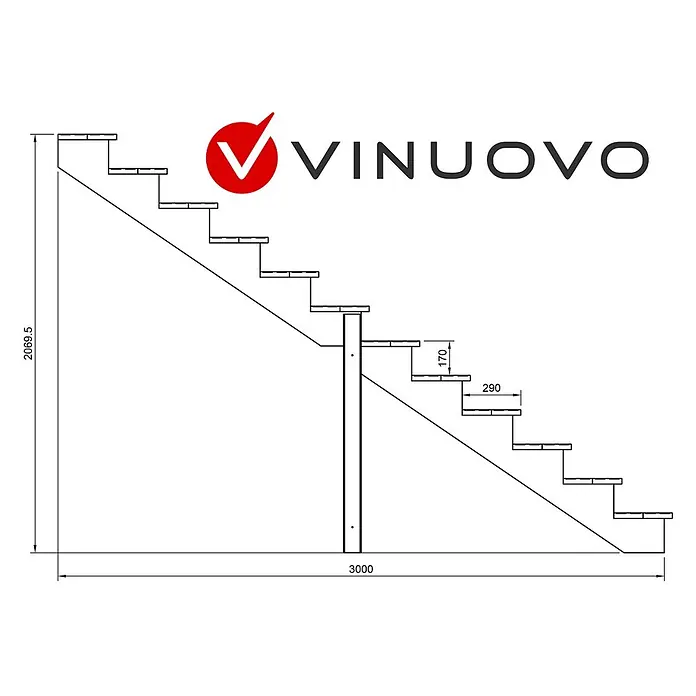 Vinuovo Außentreppe BERLIN Holztreppe - 12 Offene Stufen 207cm Höhe - 80cm Breite - Anzahl Steigungen: 2 Stk., Gerade - Technische Zeichnung einer modularen geraden Treppe mit Mittelstütze, inklusive Maßen für Gesamthöhe, Länge, Steigung und Auftritt.