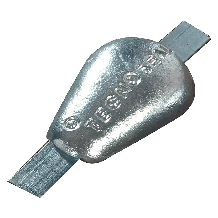 Rumpfanode - Zink, Salzwasser, L x B x H: 120 x 78 x 25 mm, Schweißen - Nahaufnahme eines silberfarbenen TECNOSEAL-Gewichts mit zwei Metalllaschen an den Enden, das für industrielle Anwendungen verwendet wird.