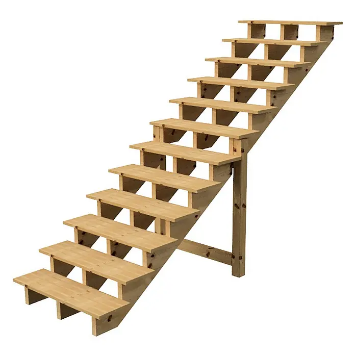Vinuovo Außentreppe BERLIN Holz-Außentreppe - 12 Offene Stufen 207 cm Höhe - 100 cm Breite - 100 cm, Anzahl Steigungen: 2 Stk., Gerade - Helle Holztreppe, freistehend, mit Stützpfosten und mehreren Stufen.