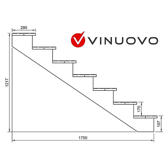 Vinuovo Außentreppe BERLIN Holztreppe - 7 Offene Stufen 122cm Höhe - 60cm Breite - Anzahl Steigungen: 7 Stk., Gerade - Technische Zeichnung einer siebenschrittigen Treppe mit Hauptmaßen für Höhe, Länge, Auftritt und Steigung.