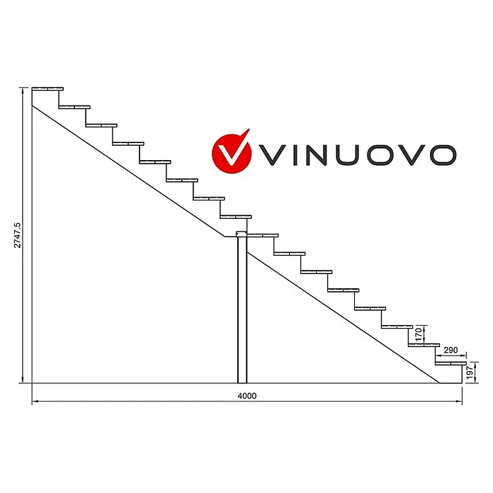 Vinuovo Außentreppe BERLIN Holztreppe - 16 Offene Stufen 275cm Höhe - 80cm Breite - Anzahl Steigungen: 6 Stk., Gerade - Technische Zeichnung einer geraden Treppe. Maße: 2747,5 mm Höhe, 4000 mm Länge, 170 mm Steigung, 290 mm Auftritt.