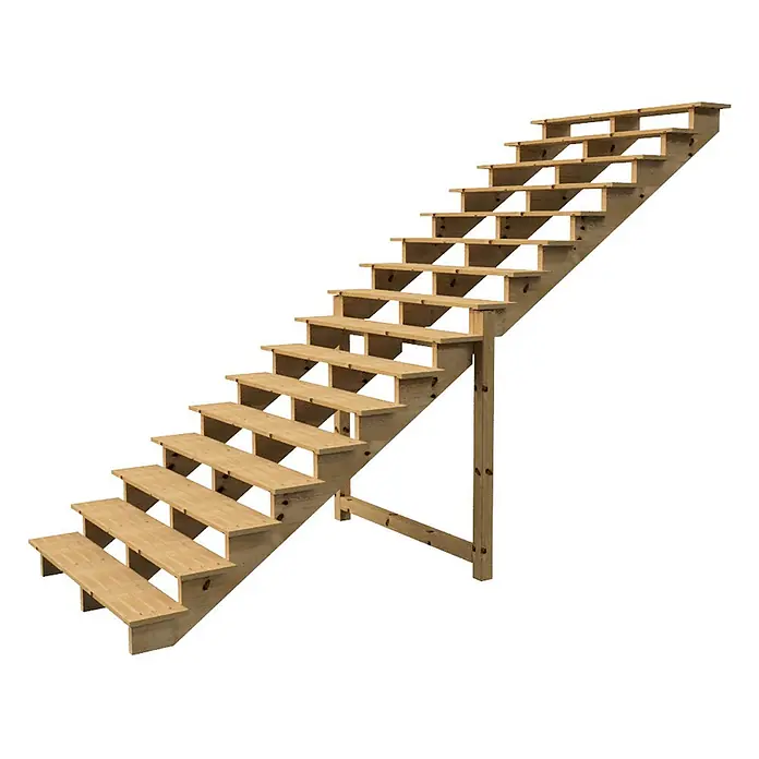 Vinuovo Außentreppe BERLIN Holztreppe - 16 Offene Stufen 275cm Höhe - 160cm Breite - Anzahl Steigungen: 6 Stk., Gerade - Helle Holz-Außentreppe mit natürlicher Holzmaserung und zentralem Stützpfosten.