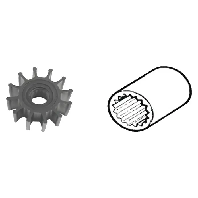 CEF Impeller 500107GT - Ø x L: 57 x 31,6 mm, Wellendurchmesser: 14,4 mm - Das Bild zeigt eine Impellerpumpe und eine Hülse mit Innenverzahnung.