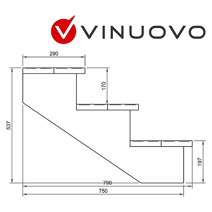 Vinuovo Außentreppe BERLIN Holztreppe - 3 Offene Stufen 54cm Höhe - 120cm Breite - Anzahl Steigungen: 3 Stk., Gerade - Technische Zeichnung einer dreistufigen Treppe mit detaillierten Maßen für Steigung, Auftritt, Höhe und Länge.