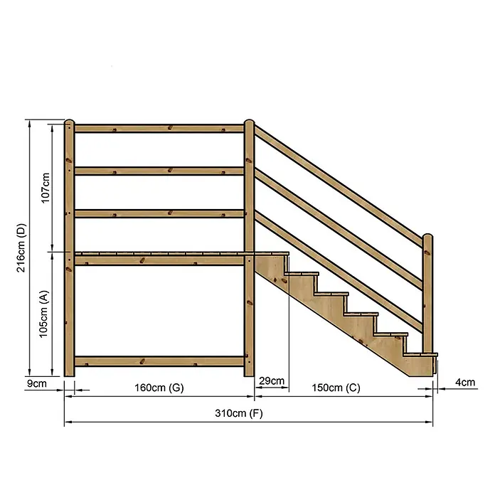 Vinuovo Außentreppe - 120 cm, Anzahl Steigungen: 6 Stk., Gerade - Hölzernes Etagenbett mit Sicherheitsgeländern und integrierter Treppe.