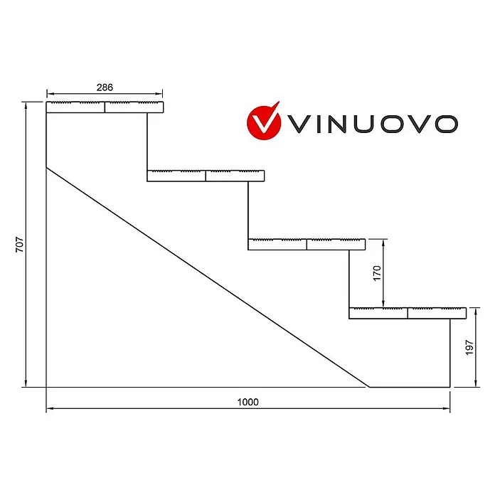 Vinuovo Außentreppe BERLIN Holztreppe - 4 Offene Stufen 71cm Höhe - 60cm Breite - Anzahl Steigungen: 4 Stk., Gerade - Technisches Diagramm einer 4-stufigen Treppe mit Maßen, Gesamthöhe 707 und Breite 1000.