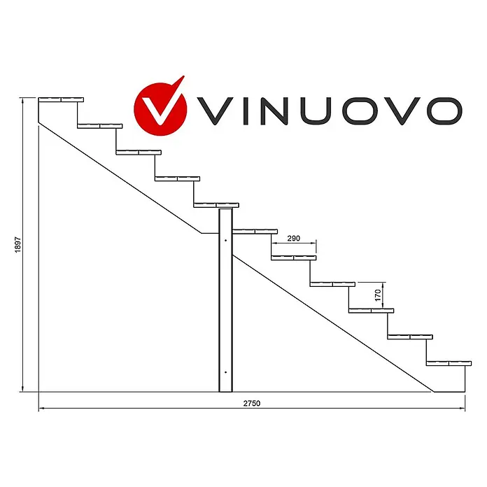 Vinuovo Außentreppe BERLIN Holztreppe - 11 Offene Stufen 190cm Höhe - 80cm Breite - Anzahl Steigungen: 11 Stk., Gerade - VINUOVO Treppen technische Zeichnung mit Logo und Maßen: 1897mm Höhe, 2750mm Länge, 290mm Auftritt, 170mm Steigung.