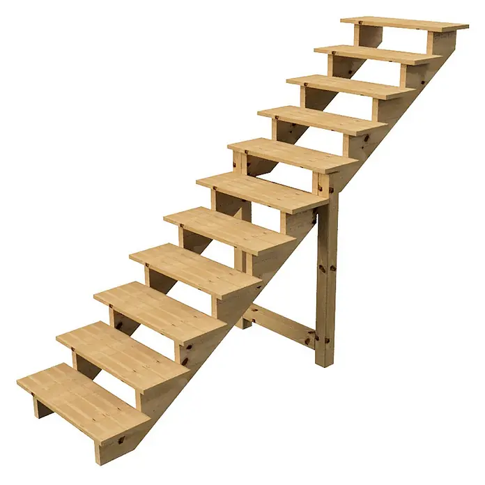 Vinuovo Außentreppe BERLIN Holztreppe - 11 Offene Stufen 190cm Höhe - 80cm Breite - Anzahl Steigungen: 11 Stk., Gerade - Helle Holz-Außentreppe mit 11 Stufen.