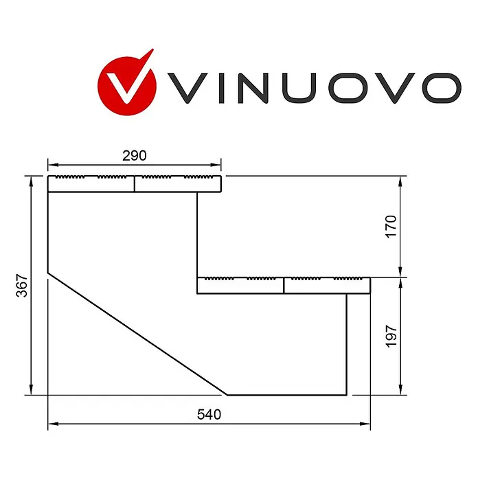 Vinuovo Außentreppe BERLIN Holztreppe - 2 Offene Stufen 37cm Höhe - 100cm Breite - Anzahl Steigungen: 2 Stk., Gerade - Technische Zeichnung eines gestuften Bauteils mit Maßen. Zeigt ein mehrstufiges Profil.
