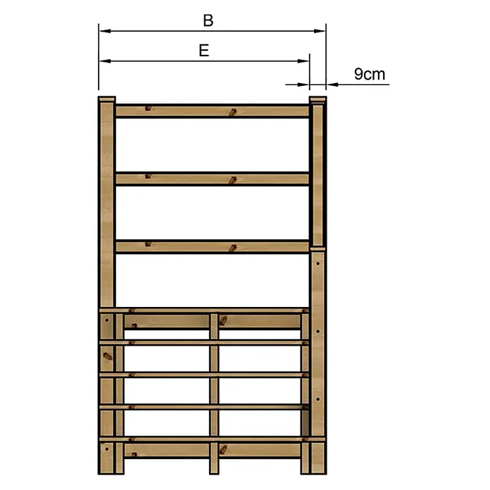 Vinuovo Außentreppe - 120 cm, Anzahl Steigungen: 5 Stk., Gerade - Hölzernes Regal mit hellbraunen Latten, Maße B, E und 9cm angegeben.