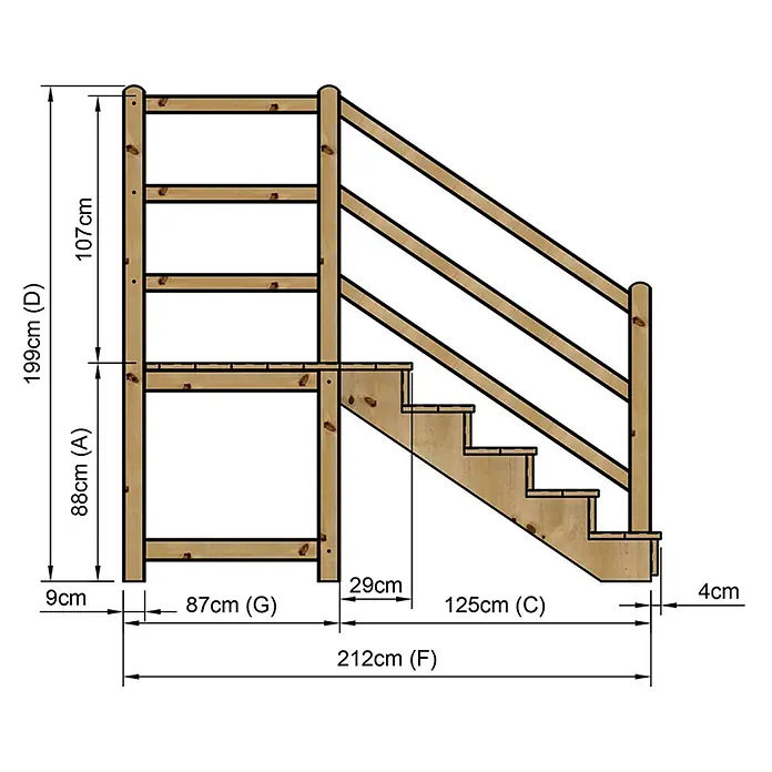 Vinuovo Außentreppe - 120 cm, Anzahl Steigungen: 5 Stk., Gerade - Treppe und Geländer aus Holz für Hochbett mit Podest, bemaßt für die Montage.