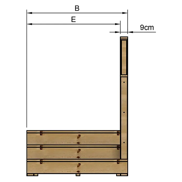 Vinuovo Außentreppe - 120 cm, Anzahl Steigungen: 3 Stk., Gerade - Seitenansicht eines hellbraunen Holz-Pflanzkastens mit integriertem Spalier, Maße B, E, 9cm.