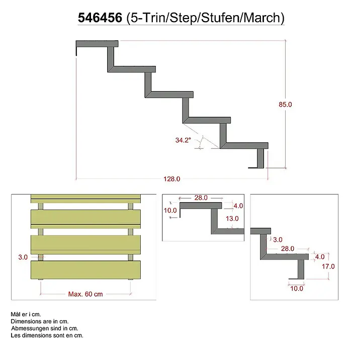 Vinuovo Außentreppe 2er Set Stahl Treppenwange 5 Stufen - Option für Setzstufen-Höhe 85cm - Anzahl Steigungen: 5 Stk., Gerade - Technische Zeichnung einer 5-Stufen-Treppe mit Holztritten, inklusive Maßen für Länge, Höhe und einzelne Stufen.