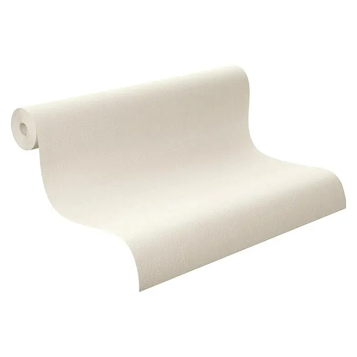 Rasch Vliestapete - Beige/Creme, Uni, 10,05 x 0,53 m, Gewebestruktur - Nahaufnahme einer Rolle Vliestapete in einem hellen, cremefarbenen Farbton. Das Produkt ist sauber auf einem schwarzen Hintergrund dargestellt.