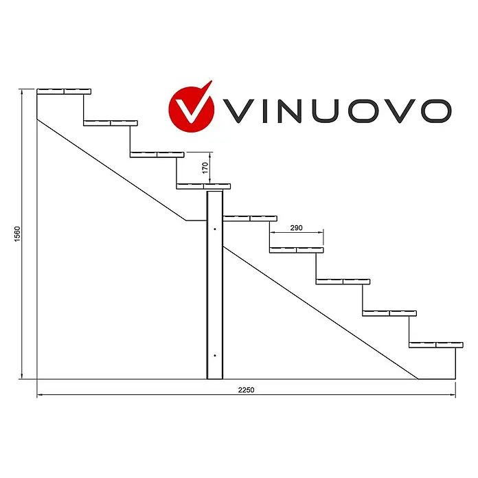 Vinuovo Außentreppe BERLIN Holztreppe - 9 Offene Stufen 156cm Höhe - 160cm Breite - Anzahl Steigungen: 9 Stk., Gerade - Technische Zeichnung der VINUOVO Außentreppe mit Maßen: 1560mm Höhe, 2250mm Länge.