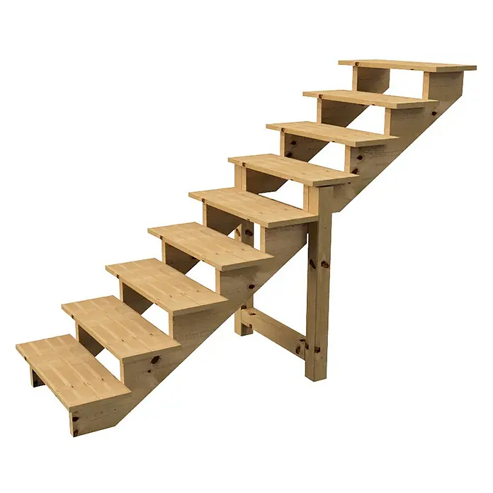 Vinuovo Außentreppe BERLIN Holztreppe - 9 Offene Stufen 156cm Höhe - 80cm Breite - Anzahl Steigungen: 9 Stk., Gerade - Freistehende Holztreppe mit acht Stufen aus hellem Naturholz mit sichtbarer Maserung.