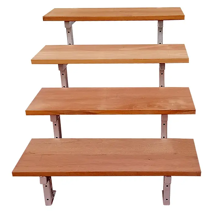 Vinuovo Außentreppe BALI Gartentreppe Stahl H71cm - 4 Bankirai Hartholz Stufen B60cm - Anzahl Steigungen: 4 Stk., Gerade - Vier hellbraune Holz-Präsentationsregale mit verstellbaren Metallhalterungen.