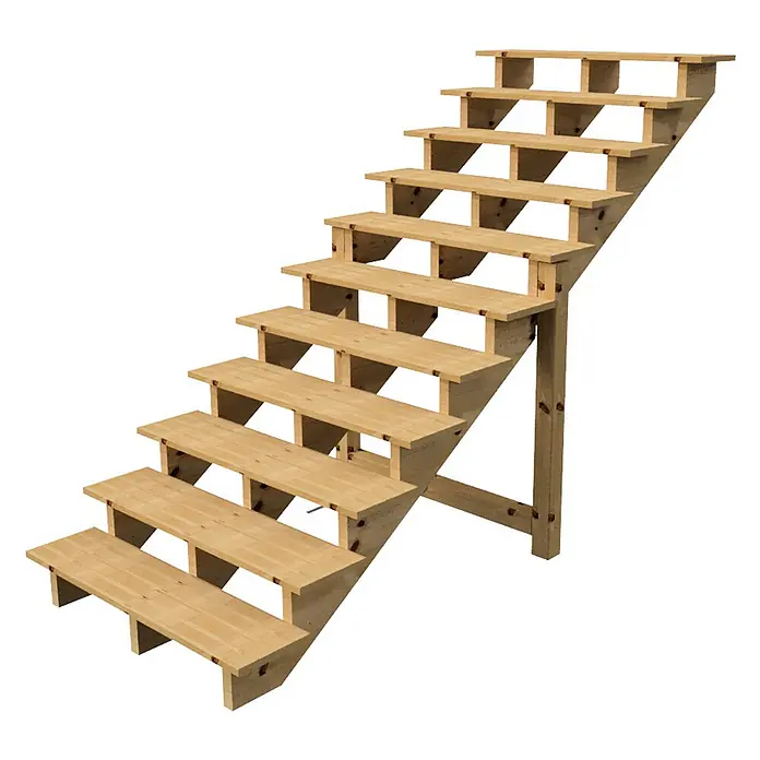 Vinuovo Außentreppe BERLIN Holztreppe - 11 Offene Stufen 190cm Höhe - 120cm Breite - Anzahl Steigungen: 11 Stk., Gerade - Freistehende helle Holztreppe für den Außenbereich mit zwölf Stufen und integrierter Stütze.