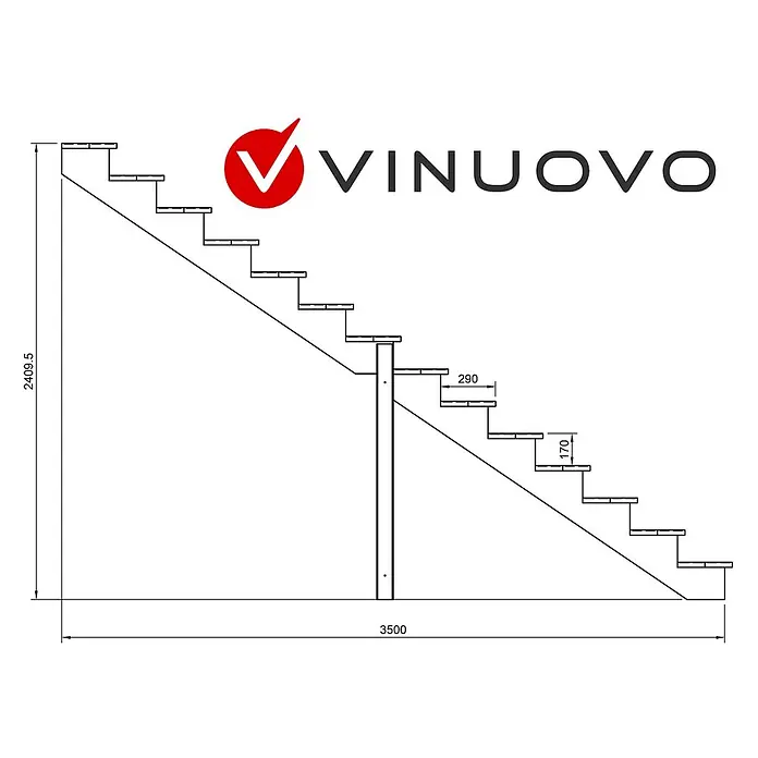 Vinuovo Außentreppe BERLIN Holztreppe - 14 Offene Stufen 241cm Höhe - 80cm Breite - Anzahl Steigungen: 4 Stk., Gerade - Technische Zeichnung einer geraden Treppe mit Mittelstütze, Maße: Höhe 2409.5, Länge 3500, Auftritt 290, Steigung 170.