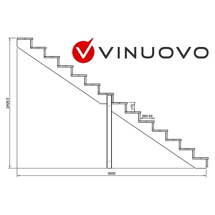 Vinuovo Außentreppe BERLIN Holztreppe - 14 Geschlossene Stufen 241cm Höhe - 80cm Breite - Anzahl Steigungen: 4 Stk., Gerade - Technische Zeichnung einer Treppe mit Stützpfosten, VINUOVO-Logo, Maße für Steigung (170mm), Auftritt (260.93mm), Höhe (2409.5mm) und Länge (3500mm).