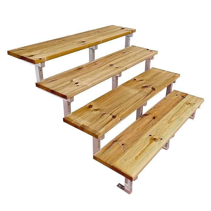 Vinuovo Außentreppe OSLO - Außentreppe Stahl H71cm 4 Stufen Holz KDI Breite 120cm - 120 cm, Anzahl Steigungen: 4 Stk., Gerade - Vierstufiger Display-Ständer aus Naturholz mit hellen Stützen.