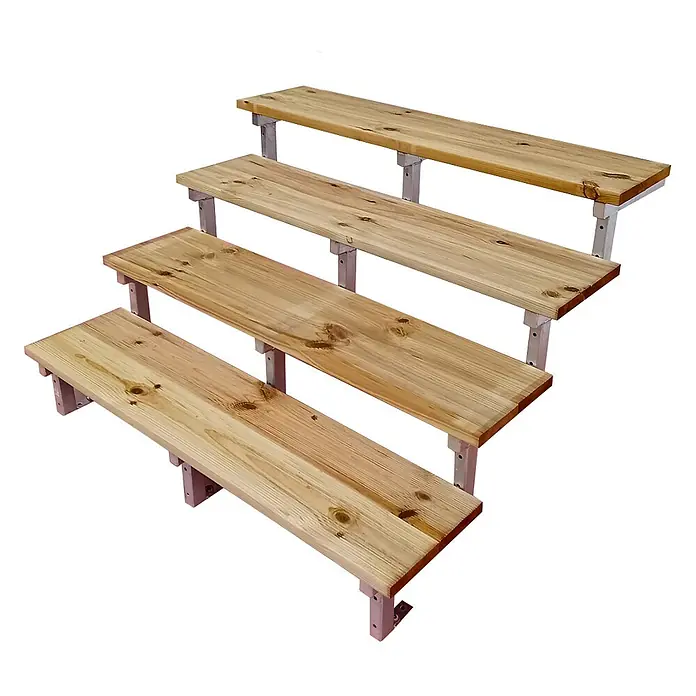 Vinuovo Außentreppe OSLO - Außentreppe Stahl H71cm 4 Stufen Holz KDI Breite 120cm - 120 cm, Anzahl Steigungen: 4 Stk., Gerade - Vierstufiges Display-Regal aus Naturholz mit hellen Halterungen.
