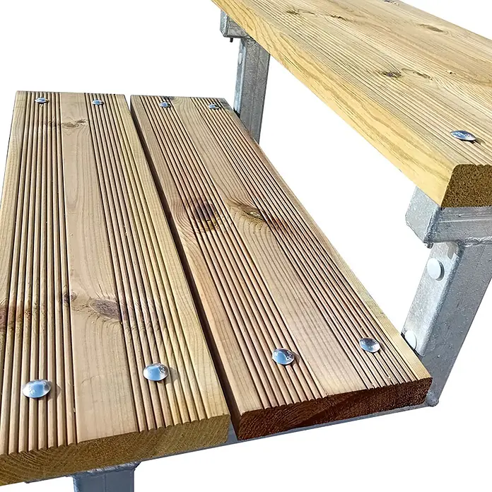 Vinuovo Außentreppe OSLO - Stahltreppe Außen H105cm 6 Treppenstufen Holz KDI Breite 140cm - Anzahl Steigungen: 6 Stk., Gerade - Gerillte helle Holzbohlen mit Metallrahmen verschraubt, bilden eine Sitzfläche oder Tischplatte.