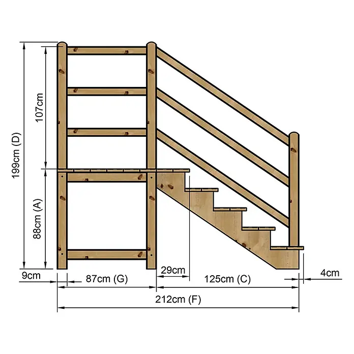 Vinuovo Außentreppe - 120 cm, Anzahl Steigungen: 5 Stk., Gerade - Detaillierte technische Zeichnung einer Holzspielstruktur mit Plattform, Treppe und Geländern, inklusive Bemaßungen.