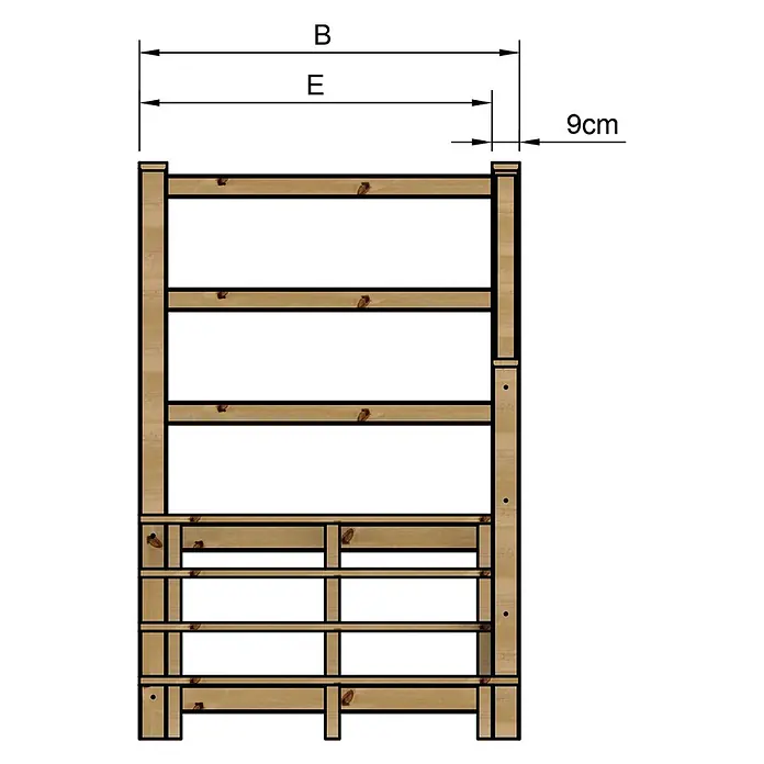 Vinuovo Außentreppe - 120 cm, Anzahl Steigungen: 4 Stk., Gerade - Helles Holzregal mit mehreren horizontalen Latten zur Aufbewahrung.
