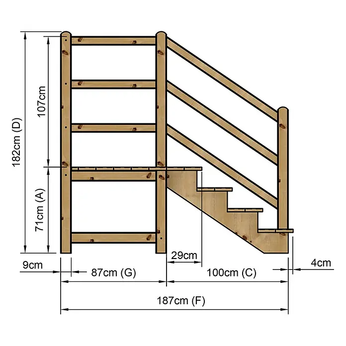 Vinuovo Außentreppe - 120 cm, Anzahl Steigungen: 4 Stk., Gerade - Hölzernes Outdoor-Spielgerüst mit Treppe und Geländer, als technische Zeichnung mit Maßen dargestellt.