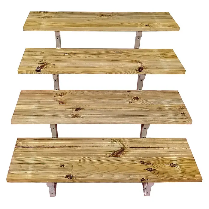 Vinuovo Außentreppe OSLO - Außentreppe Stahl H71cm 4 Stufen Holz KDI Breite 60cm - Anzahl Steigungen: 4 Stk., Gerade - Vier gestufte Regalböden aus hellem Naturholz mit sichtbaren Ästen, getragen von grauen Metallhalterungen.