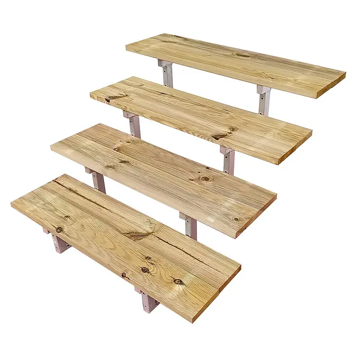 Vinuovo Außentreppe OSLO - Außentreppe Stahl H71cm 4 Stufen Holz KDI Breite 60cm - Anzahl Steigungen: 4 Stk., Gerade - Vierstufiges Holzregal mit hellen, rustikalen Brettern auf grauen Metallstützen.