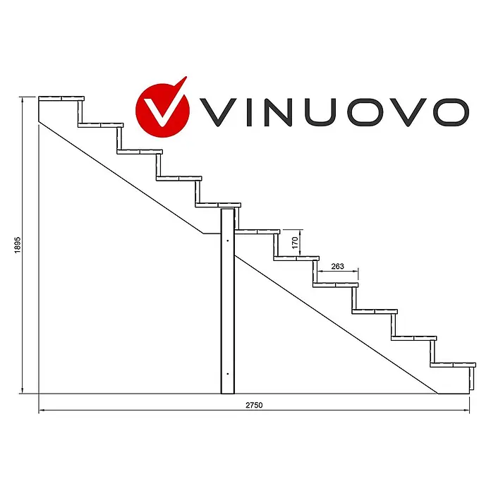 Vinuovo Außentreppe BERLIN Holztreppe - 11 Geschlossene Stufen 190cm Höhe - 80cm Breite - Anzahl Steigungen: 11 Stk., Gerade - Technische Zeichnung einer Treppe mit Maßen: Höhe 1895mm, Länge 2750mm, Steigung 170mm, Auftritt 263mm.